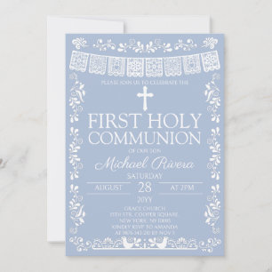 Dusty Blue Papel Picado First Holy Communion Invitation