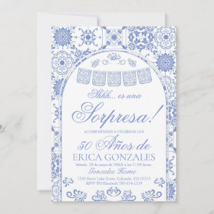 Dusty Blue Papel Picado Surprise 50th Birthday Invitation