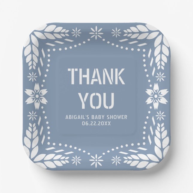 Dusty blue papel picado Thank You Baby Girl Shower Paper Plate (Front)