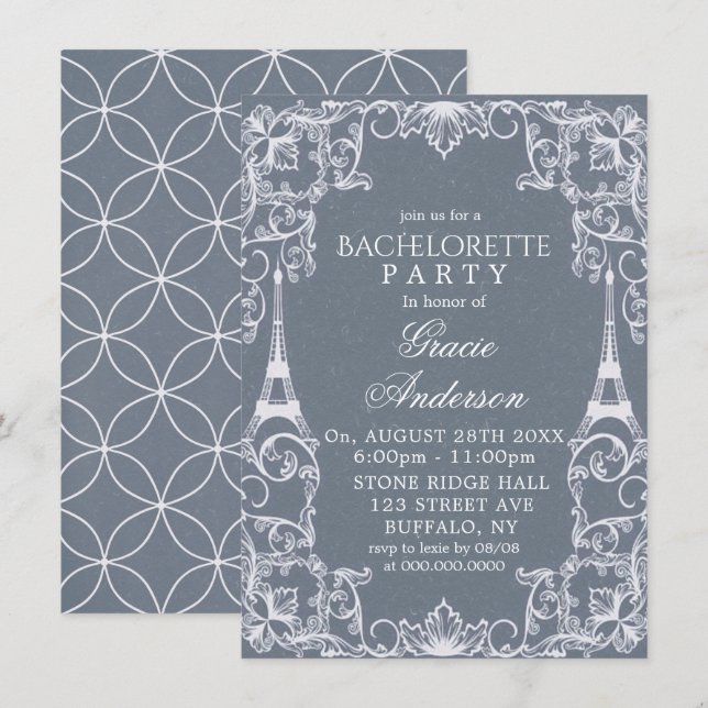 Dusty Blue Paris France Bachelorette Party  Invita Invitation (Front/Back)