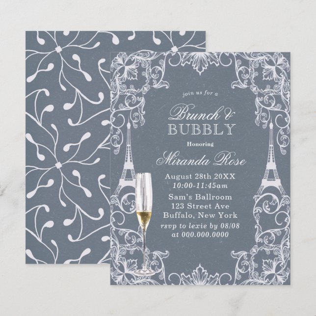 Dusty Blue Paris France Brunch & Bubbly Invitation (Front/Back)
