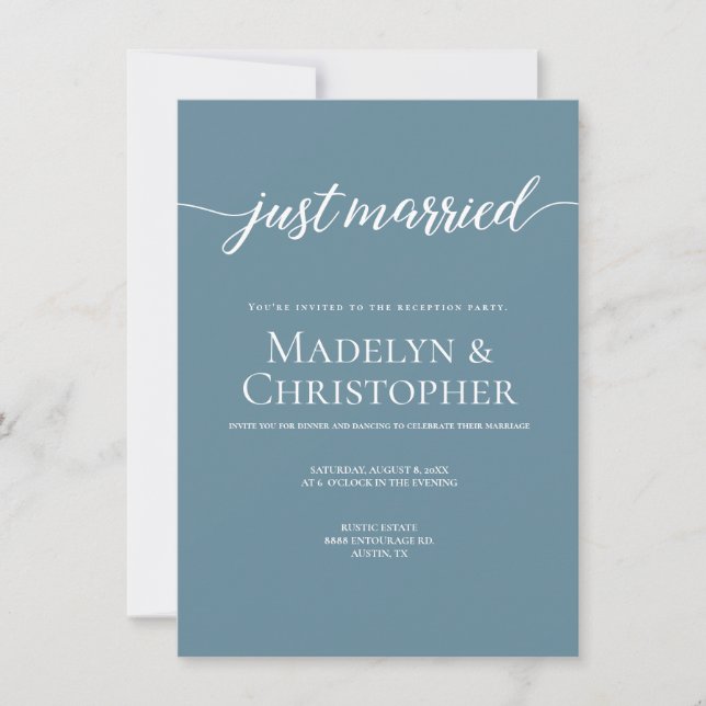 Dusty blue party Only Wedding Photo Just married Invitation (Front)
