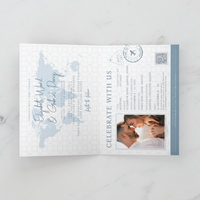 Dusty Blue Passport Destination Wedding Qr Code Invitation (Inside)