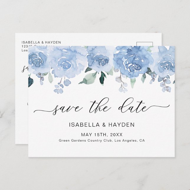 Dusty Blue Pastel Floral Light Boho Save The Date Announcement Postcard (Front/Back)