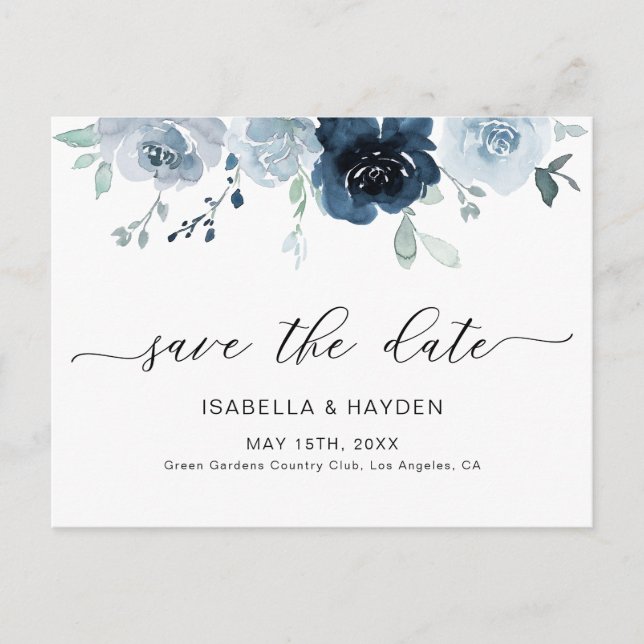 Dusty Blue Pastel Floral Pastel Boho Save The Date Announcement Postcard (Front)