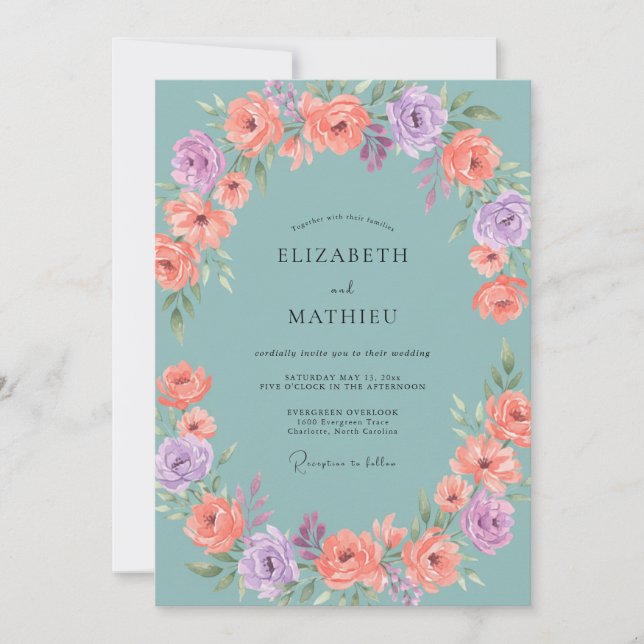 Dusty Blue Pastel Floral Wedding Invitation (Front)