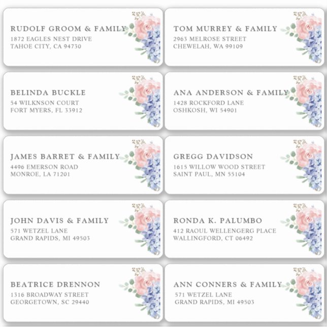 Dusty Blue Pastel hydrangea Guest Name Address (Front)