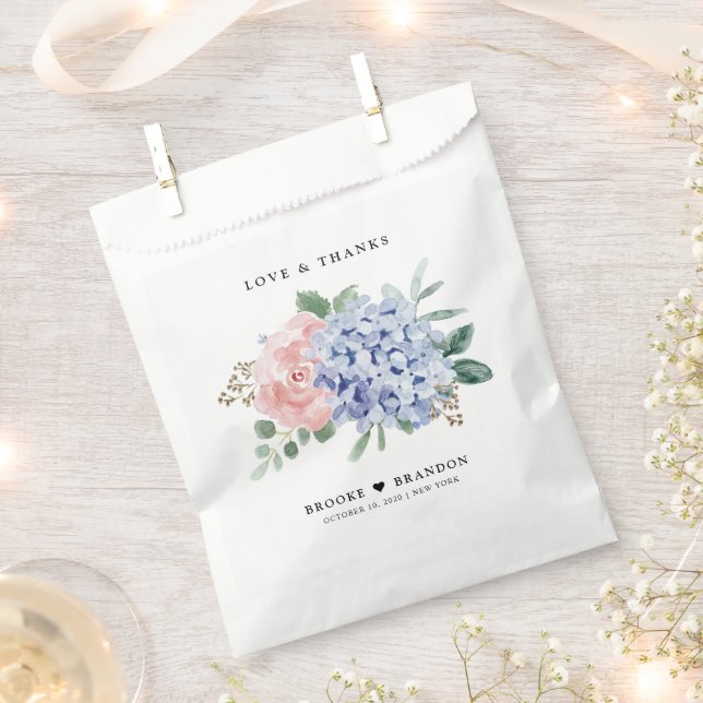Dusty Blue Pastel Pink hydrangea Botanical Wedding Favour Bags (Clipped)