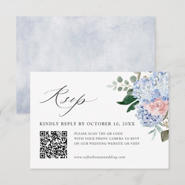 Dusty Blue Pastel Pink hydrangea Floral Wedding QR RSVP Card (Front/Back)