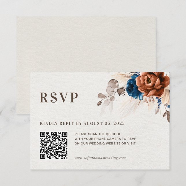 Dusty Blue Pastel Pink hydrangea Floral Wedding QR RSVP Card (Front/Back)