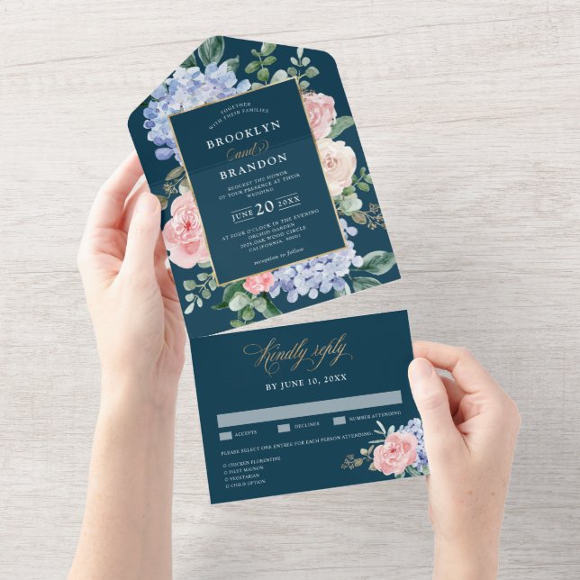 Dusty Blue Pastel Pink hydrangeas Floral Wedding  All In One Invitation (Tearaway)