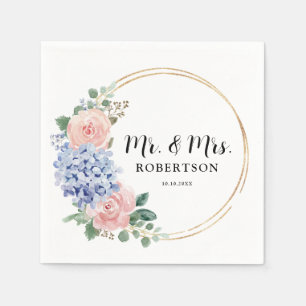 Dusty Blue Pastel Pink hydrangeas Floral Wedding Napkin