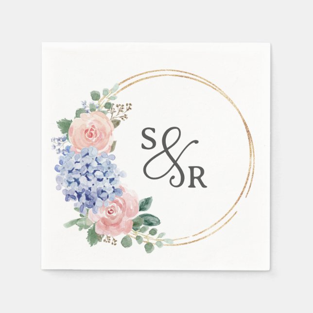 Dusty Blue Pastel Pink hydrangeas Floral Wedding Napkin (Front)