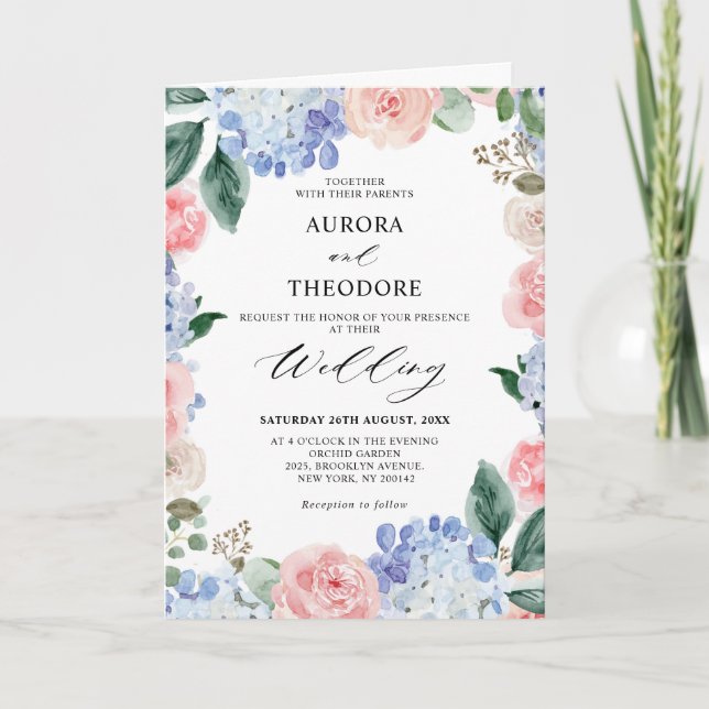 Dusty Blue Pastel Pink hydrangeas Folded Wedding Invitation (Front)
