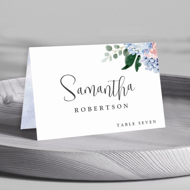 Dusty Blue Pastel Pink hydrangeas Guest Name Table Number (Dusty blue pink hydrangea customizable guest name wedding  table number card. )