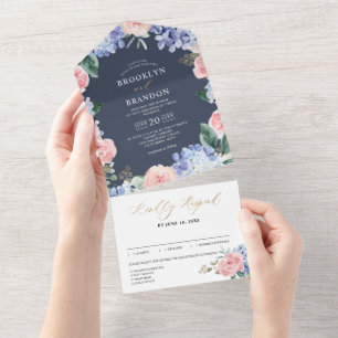 Dusty Blue Pastel Pink hydrangeas Wedding All In O One Invitation