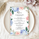 Dusty Blue Pastel Pink hydrangeas Wedding Menu<br><div class="desc">Modern wedding menu featuring light blue/ dusty blue watercolor hydrangeas with pastel pink , blush, peach , white roses, peonies, sage eucalyptus leaves, branches and foliage. Muted soft and dreamy romantic shades spring summer watercolor floral designs to match with your themed wedding. Please find more matching designs and variations from...</div>