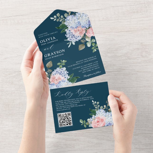 Dusty Blue Pastel Pink hydrangeas  Wedding QR Code All In One Invitation (Tearaway)