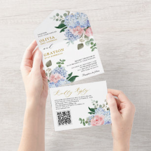 Dusty Blue Pastel Pink hydrangeas Wedding QR Code All In One Invitation