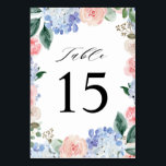 Dusty Blue Pastel Pink hydrangeas Wedding Table Number<br><div class="desc">Modern wedding table number card featuring light blue/ dusty blue watercolor hydrangeas with pastel pink , blush, peach , white roses, peonies, sage eucalyptus leaves, branches and foliage. Muted soft and dreamy romantic shades spring summer watercolor floral designs to match with your themed wedding. Please find more matching designs and...</div>