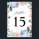 Dusty Blue Pastel Pink hydrangeas Wedding Table Number<br><div class="desc">Modern wedding table number card featuring light blue/ dusty blue watercolor hydrangeas with pastel pink , blush, peach , white roses, peonies, sage eucalyptus leaves, branches and foliage. Muted soft and dreamy romantic shades spring summer watercolor floral designs to match with your themed wedding. Please find more matching designs and...</div>