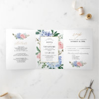 Dusty Blue Pastel Pink hydrangeas Wedding Tri-Fold