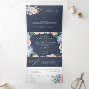 Dusty Blue Pastel Pink hydrangeas Wedding Tri-Fold Announcement