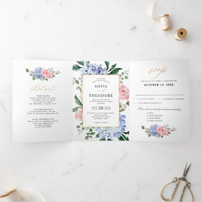 Dusty Blue Pastel Pink hydrangeas Wedding Tri-Fold Announcement (Inside)