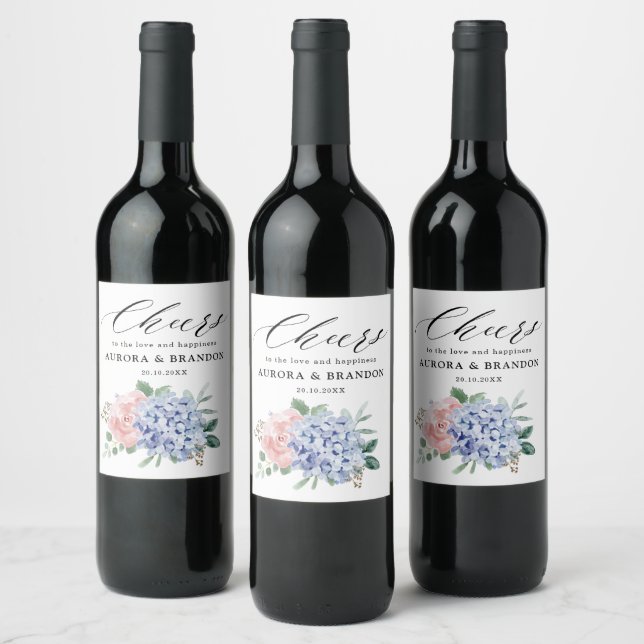 Dusty Blue Pastel Pink hydrangeas Wedding Wine Label (Bottles)