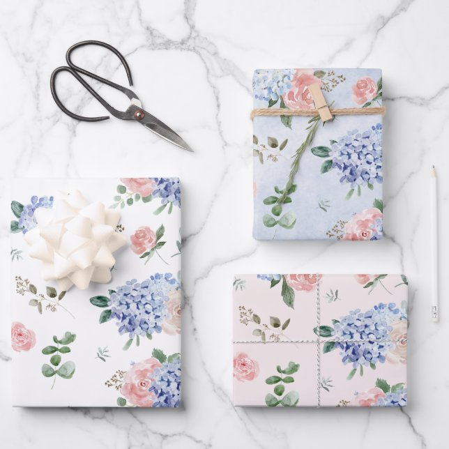 Dusty Blue Pastel Pink hydrangeas Wedding Wrapping Paper Sheet (Front)