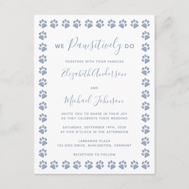 Dusty Blue Paw Prints Wedding Invitation Postcard (Front)