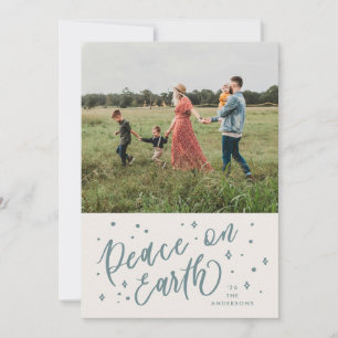 Dusty Blue Peace on Earth Lettering Photo Holiday Card