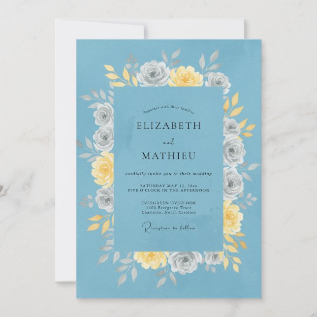 Dusty Blue Peaceful Floral Wedding Invitation (Front)
