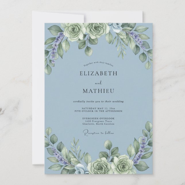 Dusty Blue Peaceful Succulent Wedding Invitation (Front)