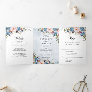 Dusty Blue Peach Blush Boho Wedding Invitation