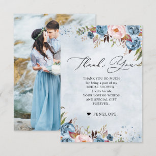 Dusty Blue Peach Blush Botanical Bridal Shower Th Thank You Card