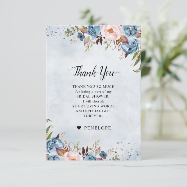 Dusty Blue Peach Blush Botanical  Bridal Shower Th Thank You Card (Standing Front)