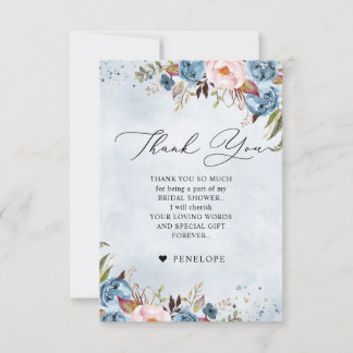 Dusty Blue Peach Blush Botanical  Bridal Shower Thank You Card