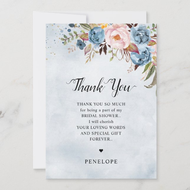  Dusty Blue Peach Blush Botanical  Bridal Shower   Thank You Card (Front)