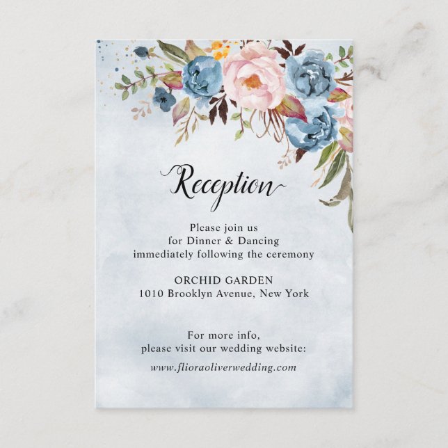 Dusty Blue Peach Blush Botanical Floral Wedding    Enclosure Card (Front)