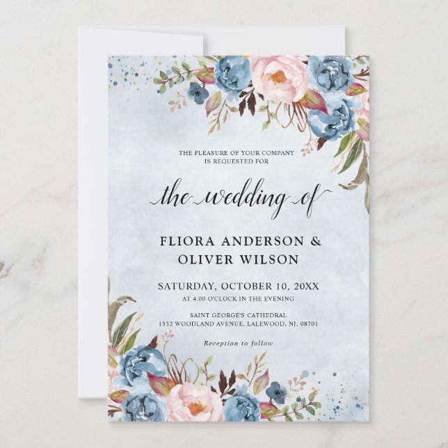 Dusty Blue Peach Blush Botanical Floral Wedding In Invitation (Front)