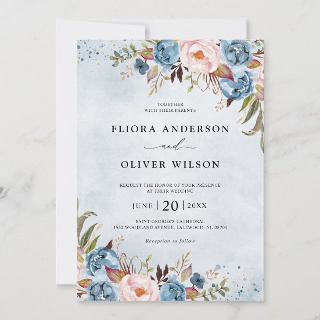 Dusty Blue Peach Blush Botanical Floral Wedding In Invitation (Front)