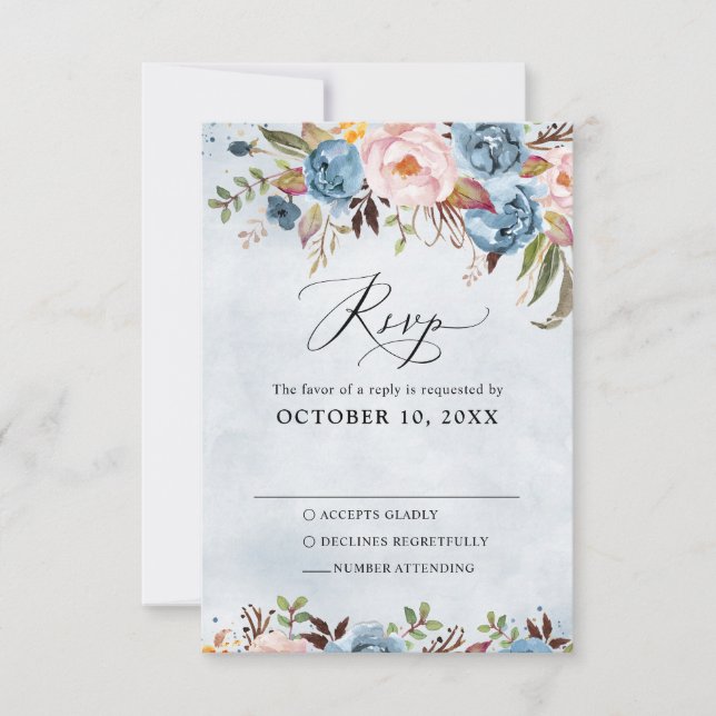 Dusty Blue Peach Blush Botanical Floral Wedding RSVP Card (Front)