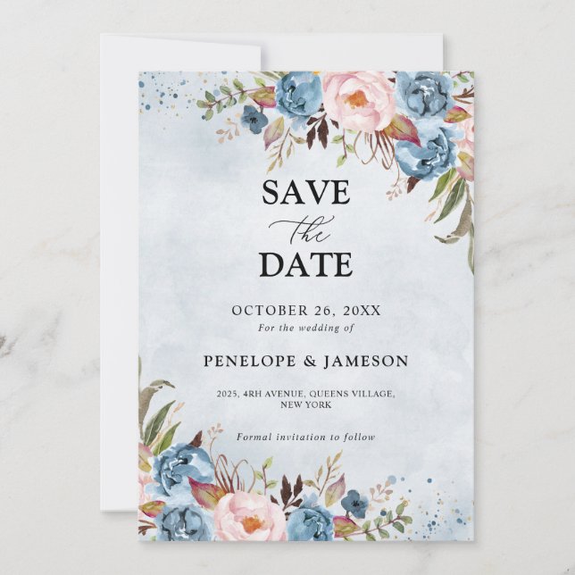 Dusty Blue Peach Blush Botanical Floral Wedding Sa Save The Date (Front)