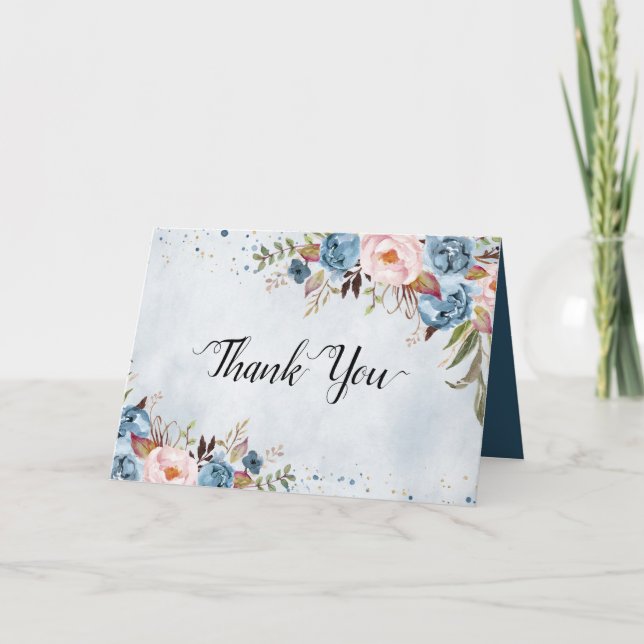 Dusty Blue Peach Blush Botanical Floral Wedding Th Thank You Card (Front)