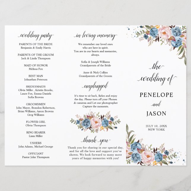 Dusty Blue Peach Blush Botanical Wedding program (Front)