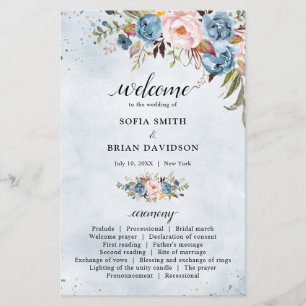 Dusty Blue Peach Blush Botanical  Wedding program 