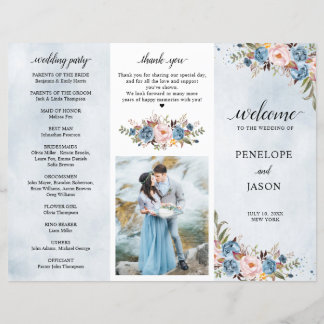 Dusty Blue Peach Blush Botanical Wedding program
