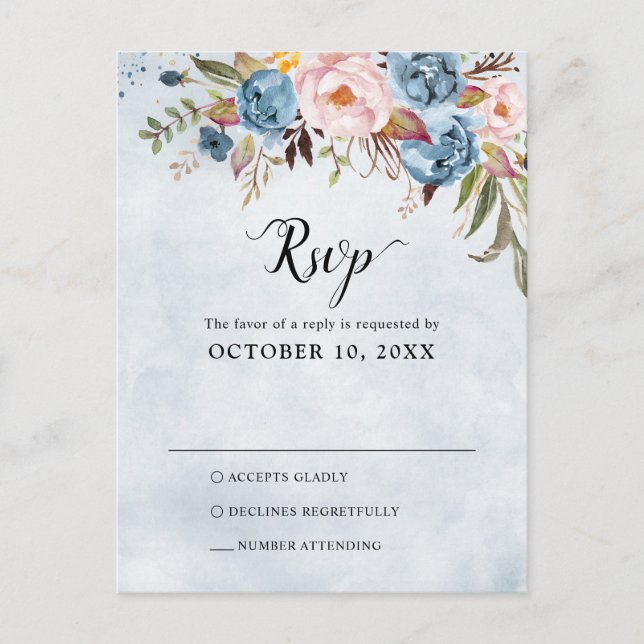 Dusty Blue Peach Blush Botanical  Wedding RSVP Postcard (Front)