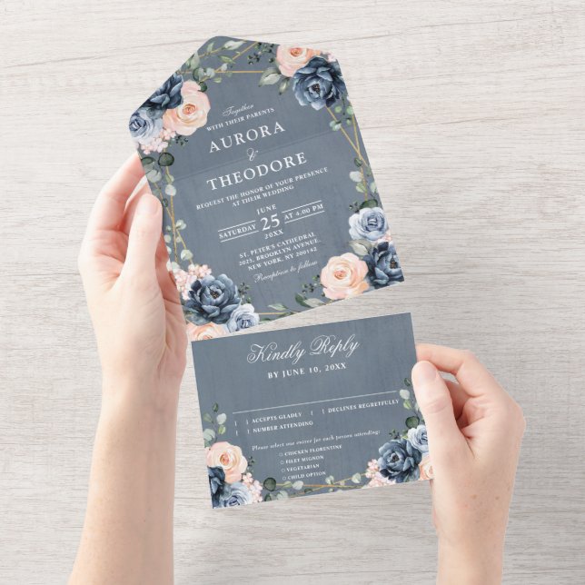 Dusty Blue Peach Blush Geometric Floral Wedding All In One Invitation (Tearaway)